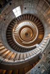 Spiral Staircase with Geometric Architectural Design Captured from Below Highlighting Symmetry, Perspective, and Dynamic Lines in a Modern Interior Structure with Intricate Details
