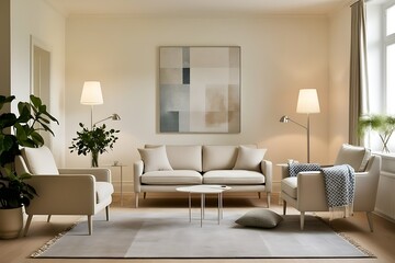 Modern living room with beige sofa, armchairs, lamps, and abstract art.