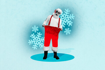 Composite photo collage of excited man santa claus wear costume hat snowflakes season winter walk...