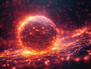 Obraz premium A glowing red ball is floating in a field of glowing red and orange particles