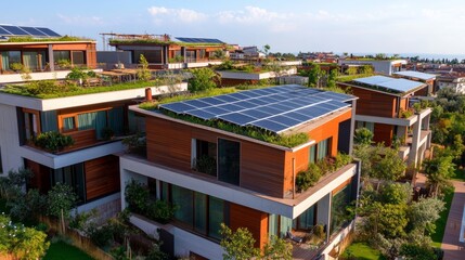 Fototapeta premium A panoramic view of a sustainable architecture project integrating solar panels and green roofs, Sustainable construction scene, Eco-friendly and innovative style