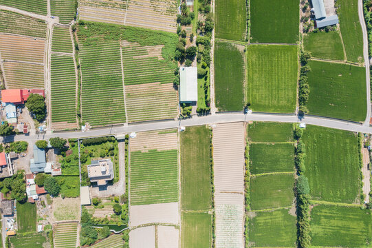 Aerial View of Farmhouse and Surrounding Various Crops