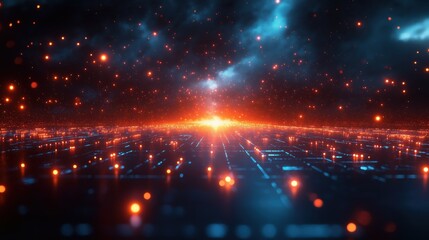 Obraz premium A bright orange star is shining in the middle of a dark blue sky