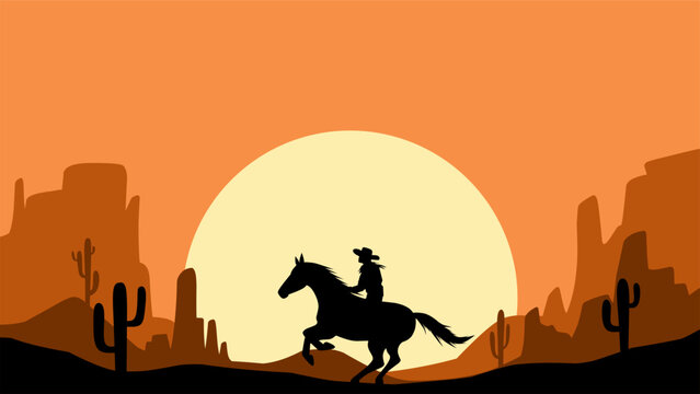 Landscape illustration of a cowboy riding a horse in the desert
