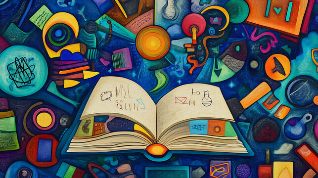 Cartoon illustration of an open book surrounded by educational icons, representing academic success and learning 