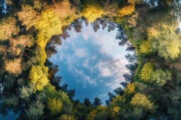 Fototapeta premium Autumn forest canopy creating a circular frame around a cloudy sky.