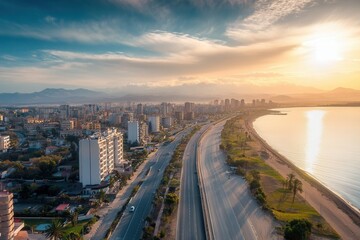 Fototapeta premium Coastal city sunrise aerial view, highway, buildings, beach, ocean.