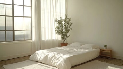 Fototapeta premium Minimalist Bedroom with White Bed Neutral Bedding and Wooden Nightstand with Potted Plant