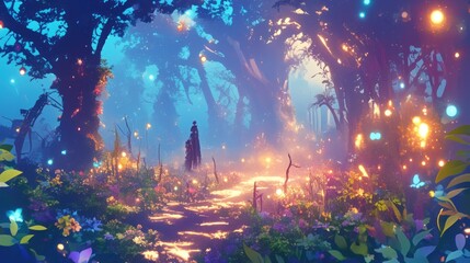Obraz premium Enchanting path through a mystical forest at twilight, glowing flowers and fireflies.