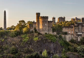 Aerial view of Edinburgh Scotland monuments on Calton Hill. the National Monument, Dugald Stewart Monument, Nelson's Monument, the Old Royal High School, Robert Burns Monument.
