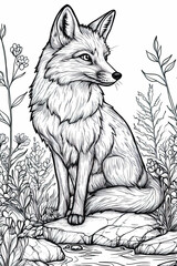 Obraz premium Coloring page featuring line art fox surrounded by stylized foliage