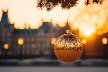 Obraz premium Golden Christmas ornament hanging from a pine branch outdoors at sunset with a blurred palace in the background.