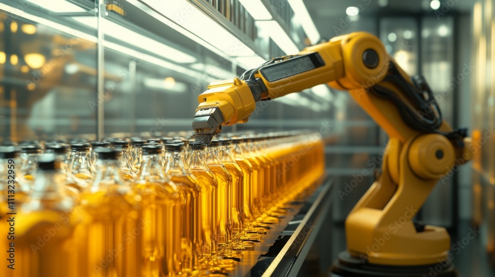 Poster a robotic arm operates in a sleek wine production facility, efficiently filling bottles with golden 