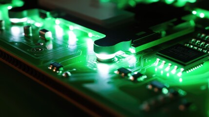 Fototapeta premium Glowing Green Circuit Board with Electronic Components and Lights