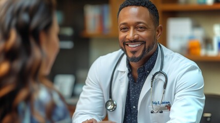 Fototapeta premium Smiling doctor discusses treatment options with patient in a calm medical office