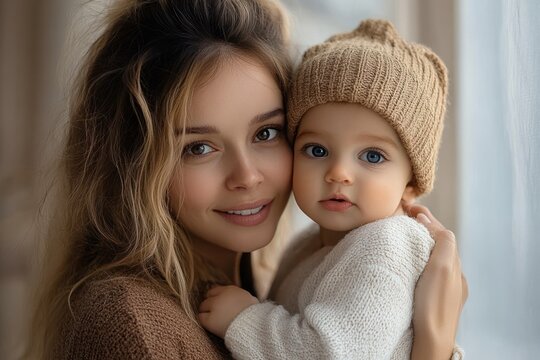 Young African American Mother Holding and Cuddling Cute Toddler Baby Showing Love and Care