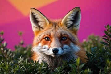 Fototapeta premium Playful Fox with Fluffy Ears Hiding in Bush Against Bright Background