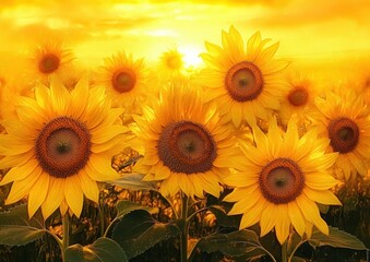 Obraz premium sunflowers in vibrant field at sunset glowing petals