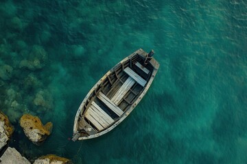 Obraz premium Small wooden boat floats on calm, clear turquoise water near rocks.