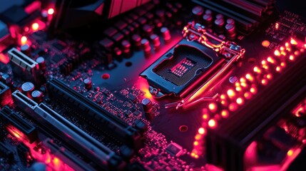 Fototapeta premium Close-Up of Computer Motherboard with Neon Red LED Lights