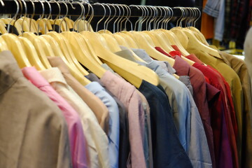 Thrifting's vibrant collection of sweaters, shirts, hoodies, trousers and knitted t-shirts are elegantly displayed on wooden hangers, featuring a variety of colors and textures.