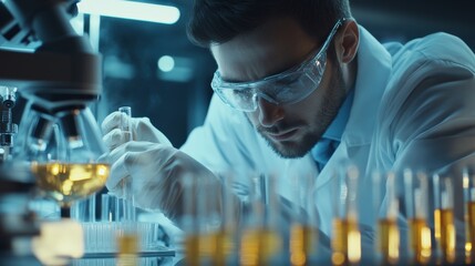 A scientist conducting an experiment in a high-tech laboratory, with test tubes and advanced equipment, Scientific laboratory scene
