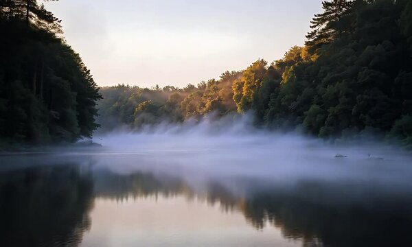 Dense Forest Surrounding Misty River