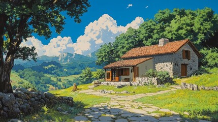 An anime-inspired residence with vibrant colors, intricate details, and scenic landscapes, crafted as a stunning illustration for wallpapers, posters, and graphic resources