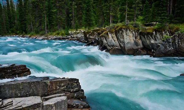 Energetic Rapids in Forested Scene