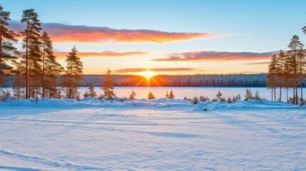 A serene winter landscape at sunset, featuring snow-covered ground and trees by a frozen lake.