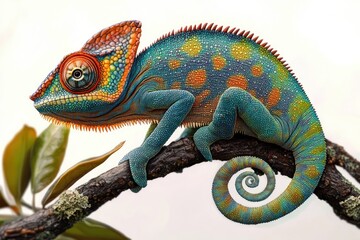 Obraz premium Vibrant Chameleon Close Up on Branch Exotic Animal Portrait