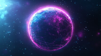 Obraz premium Abstract world with glowing dots and lines on a dark blue background.