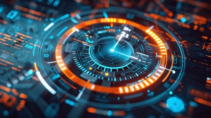 Futuristic digital technology interface with hologram display circular data analytics dashboard and advanced control system for futuristic information management and monitoring