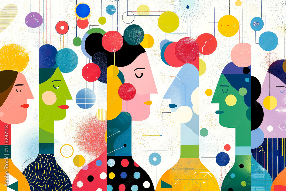 Poster colorful silhouettes of diverse faces representing multicultural connections and shared identities i
