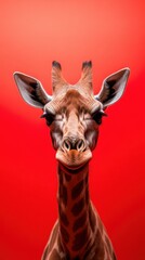 Obraz premium A giraffe's portrait against a vibrant red background. AI.