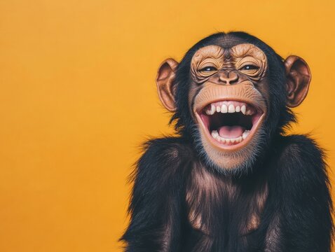 A happy chimpanzee laughing. AI.