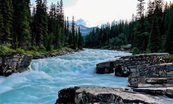 Fast-Flowing River With Tall Green Pines