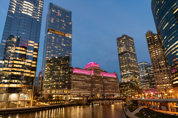 City night illuminated building. Skyscraper cityscape. Night city of Chicago. Business city. Night...