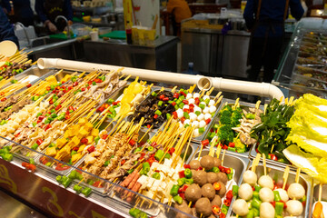 Street food skewers in the old town of Lijiang, China.