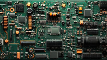 Close-Up View of Electronic Circuit Board with Green Background