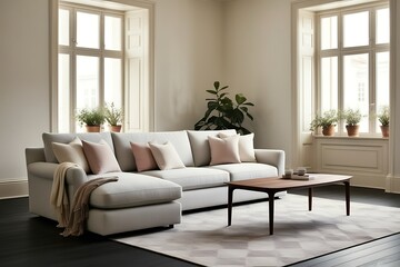 Light grey sectional sofa in a bright living room with large windows, wooden coffee table, and patterned rug.