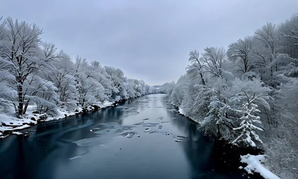 Frosted Trees Along Quiet Winter River