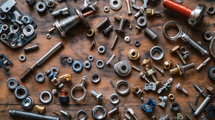Assorted Metal Fasteners and Hardware Parts on Wooden Background