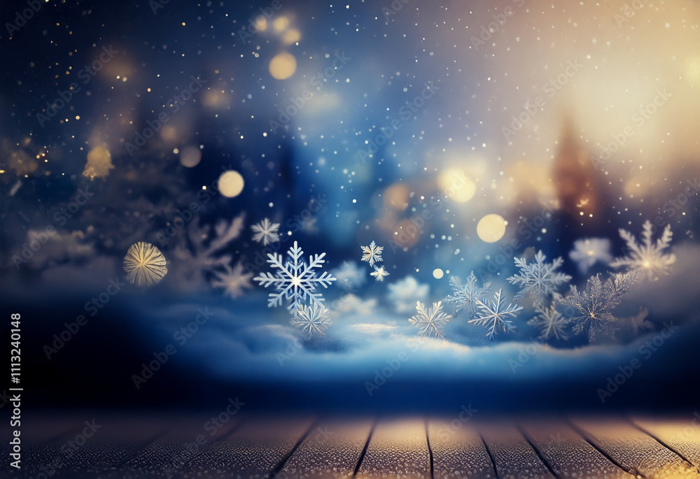 Poster a snowy winter scene with snowflakes falling against a blurred background of blue and gold bokeh.