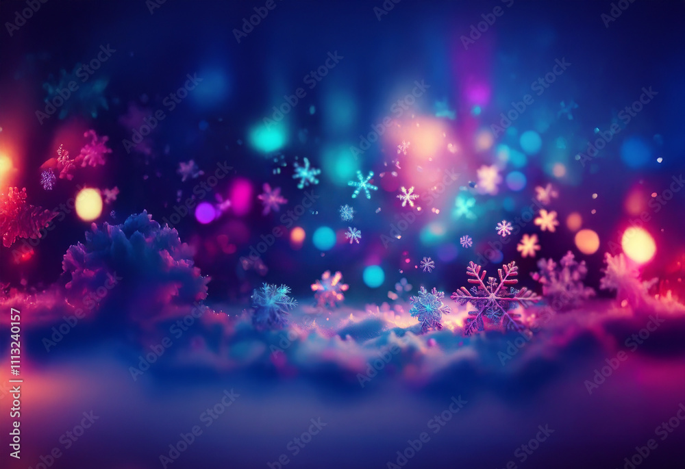 Aufkleber a field of sparkling snow is illuminated by colorful lights, and snowflakes gently fall from the sky
