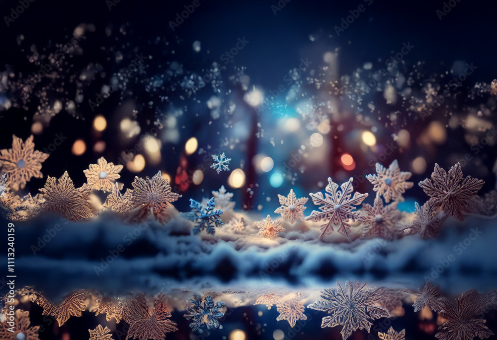 Aufkleber a snowy scene with falling snowflakes and glowing bokeh lights.