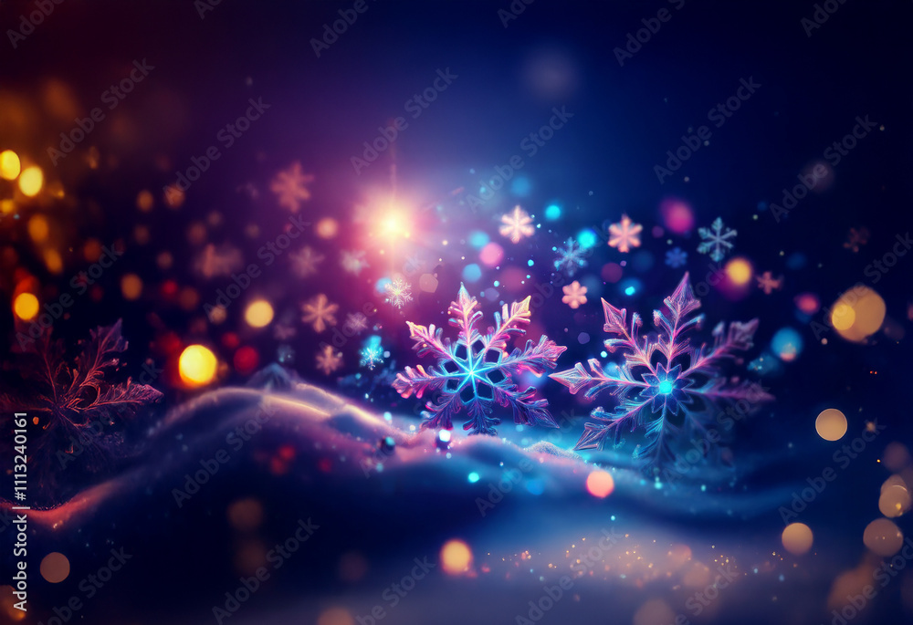 Aufkleber a winter wonderland scene with large, intricate snowflakes in the foreground, glowing with a soft li