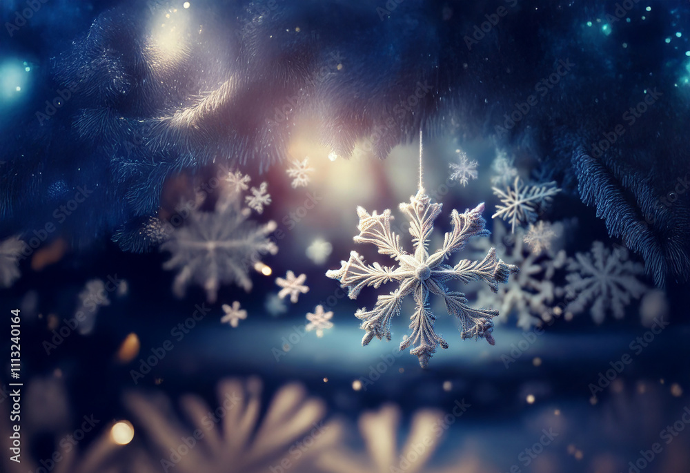 Poster a close-up of a delicate, intricately-detailed snowflake suspended in the air with others falling so