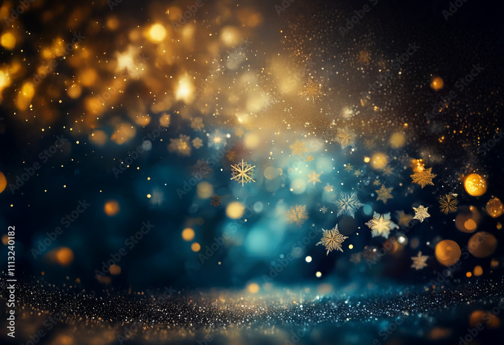 Poster abstract winter background with gold snowflakes on a blue bokeh backdrop.