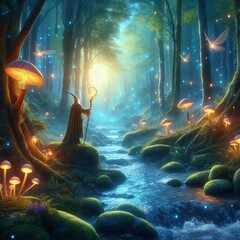 A wizard carries a bright golden glowing wand at night with glowing fireflies and mushrooms.